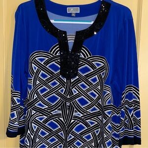 JM Collection Blue and Black Geometric Sequin Polyester Blouse Size XL